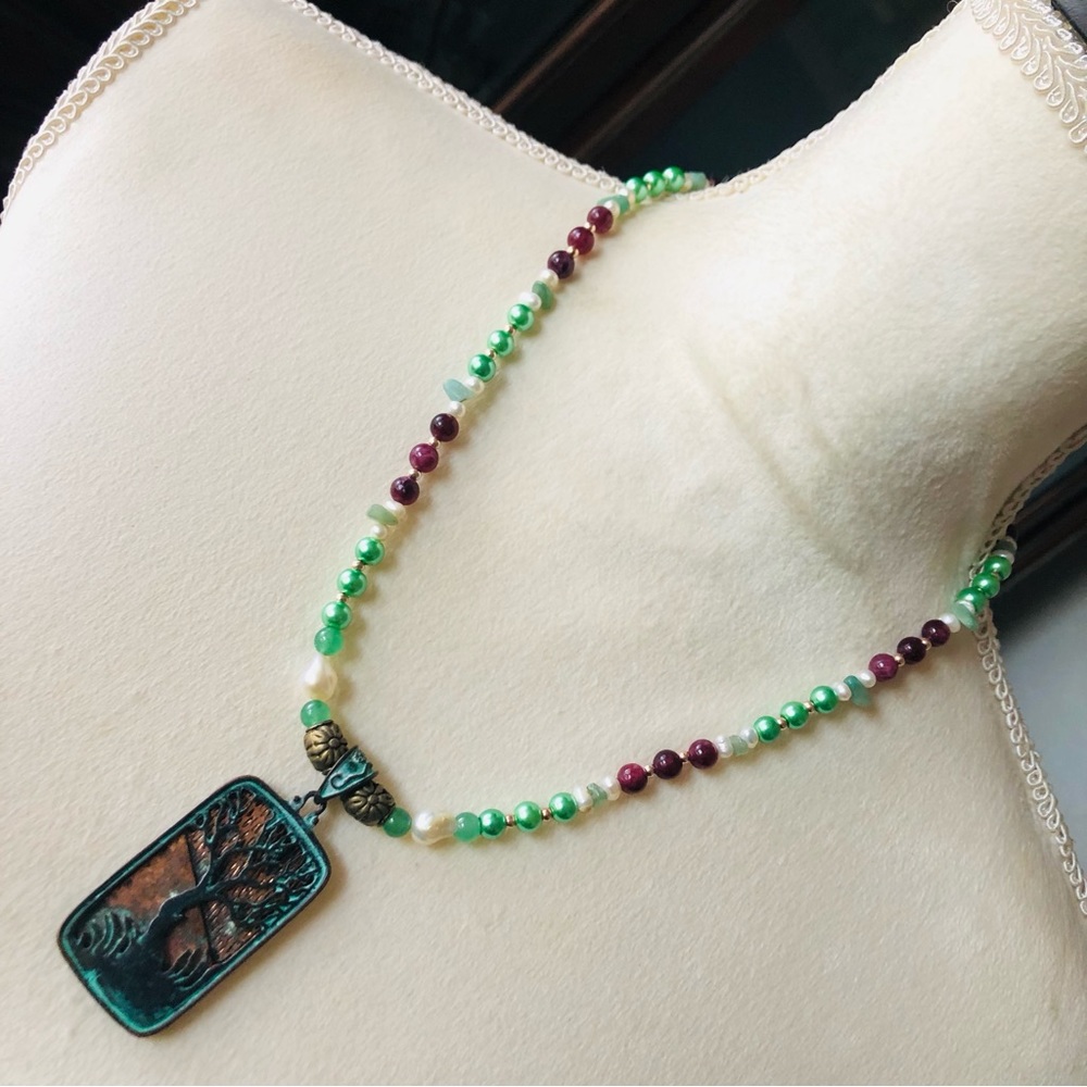 Handcrafted repurpose vintage tree pendant genuine stone pearl necklace